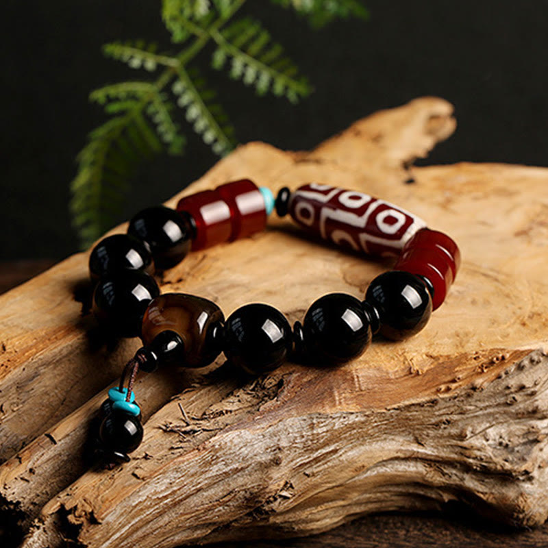 Nine-Eye Dzi Bead & Black Onyx Obsidian Bracelet for Protection