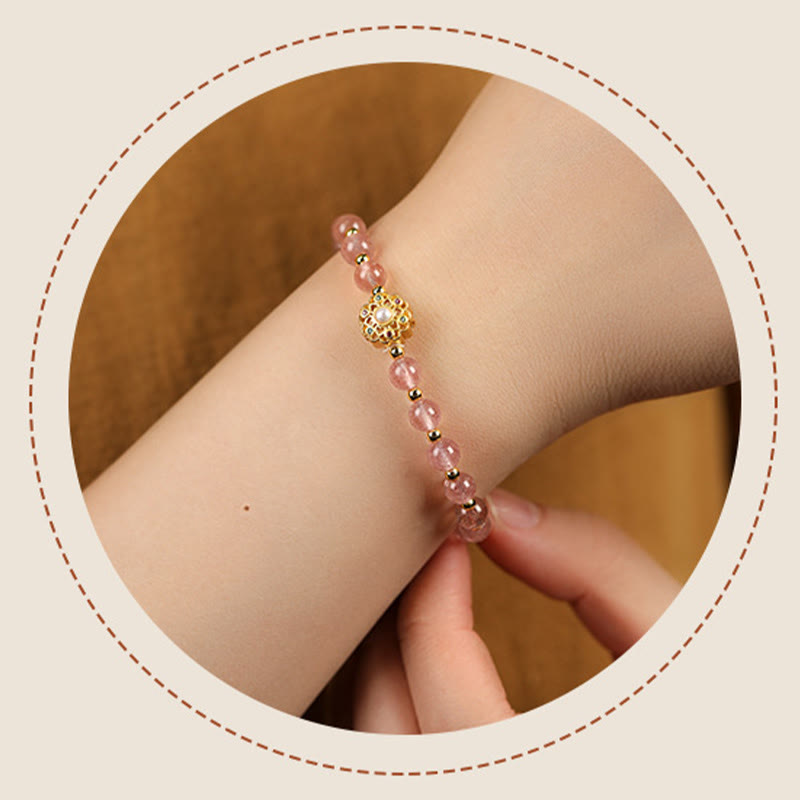14K Gold Strawberry Quartz Spiritual Bracelet with Fu Charm