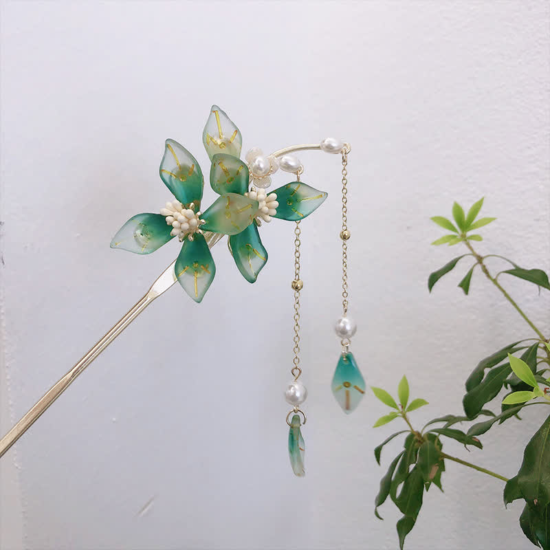 Pearl Flower Leaf Tassel Hairpin for Calm & Wealth