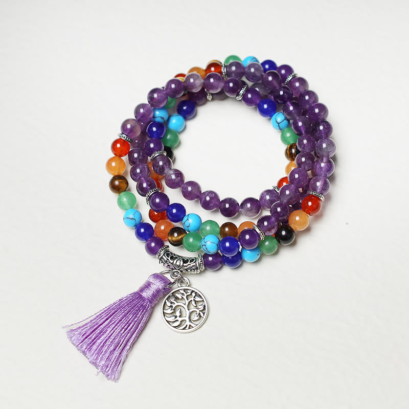 Unisex 108 Bead Mala Necklace with Amethyst & Tiger Eye Healing Beads