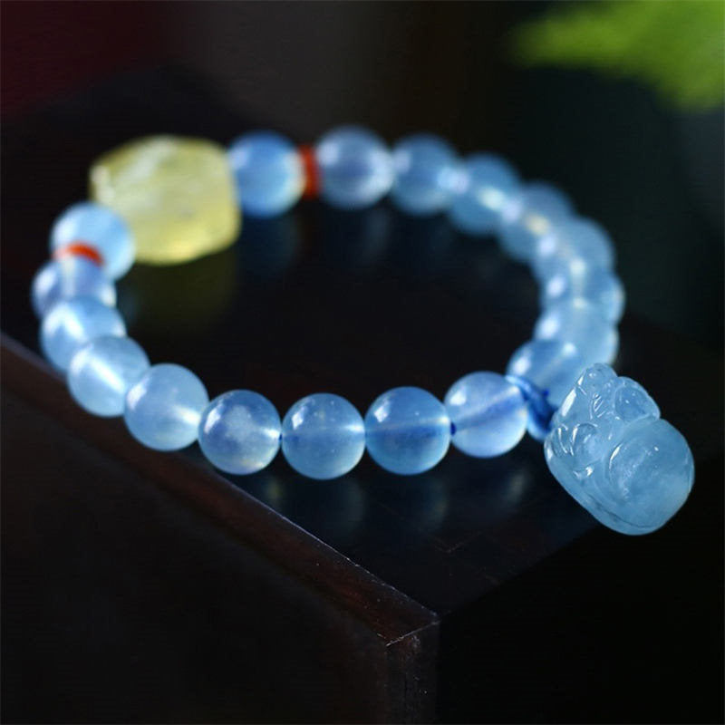 9mm Aquamarine Amber Pixiu Peace Healing Bracelet