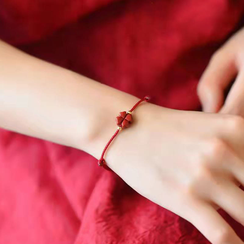 Natural Cinnabar Red String Bracelet with Four Leaf Clover Blessing