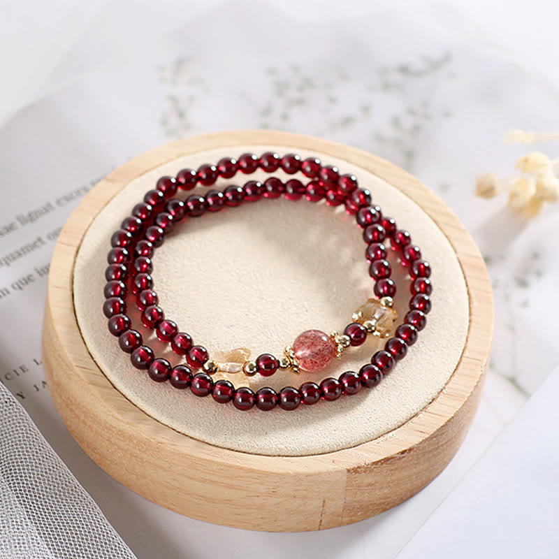 14K Gold Plated Garnet Strawberry Quartz Double Wrap Bracelet