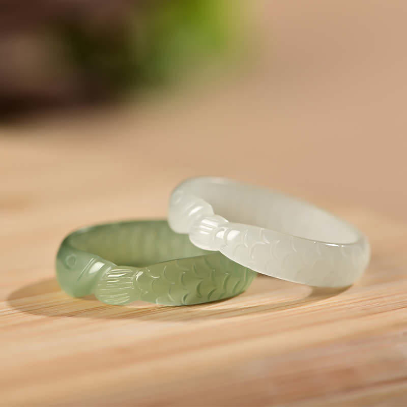 Hetian White Jade & Cyan Jade Koi Fish Success Ring