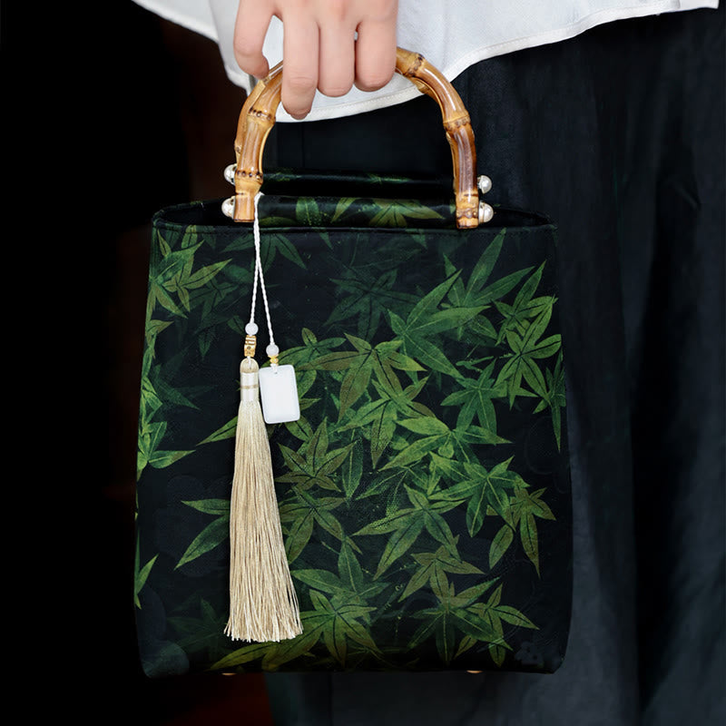 Bamboo Leaves Butterfly Koi Fish Handbag with Jade Handles