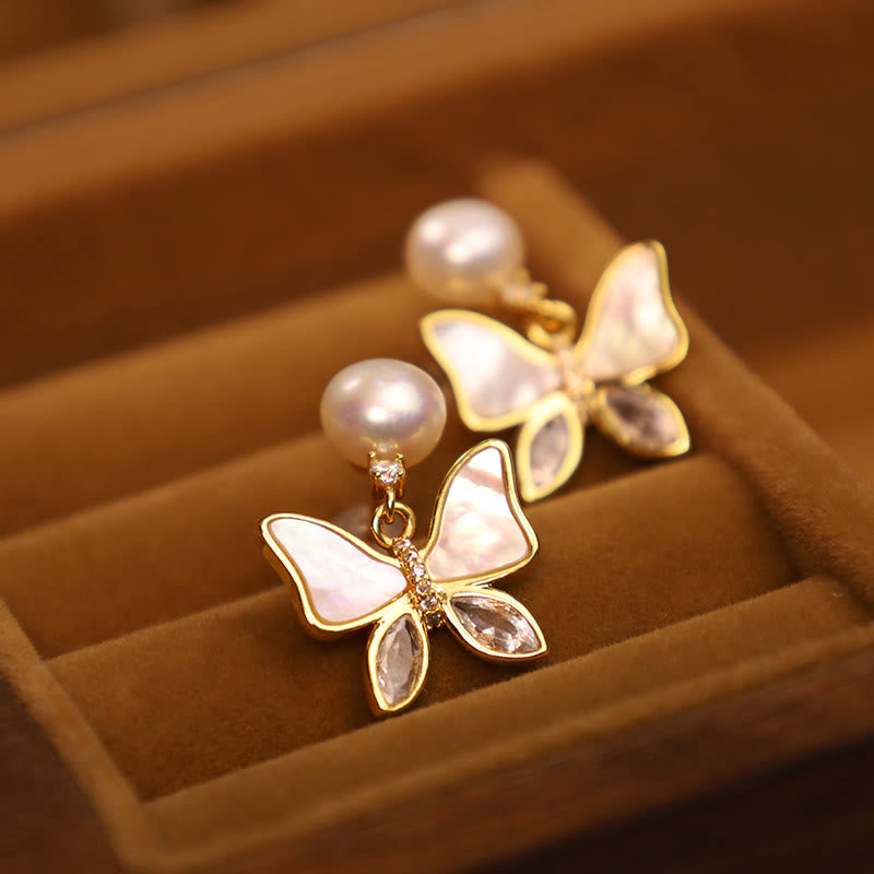 Natural Abalone Shell Pearl Stud Earrings with Butterfly Design