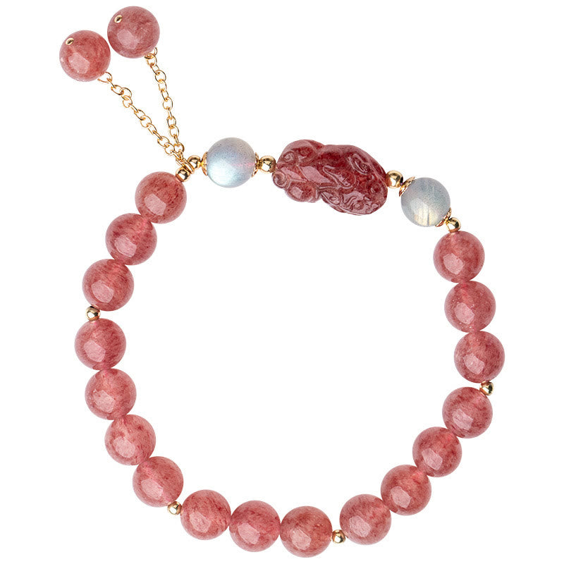 Pixiu Bracelet with Strawberry Quartz Moonstone 8.5mm Beads for Love