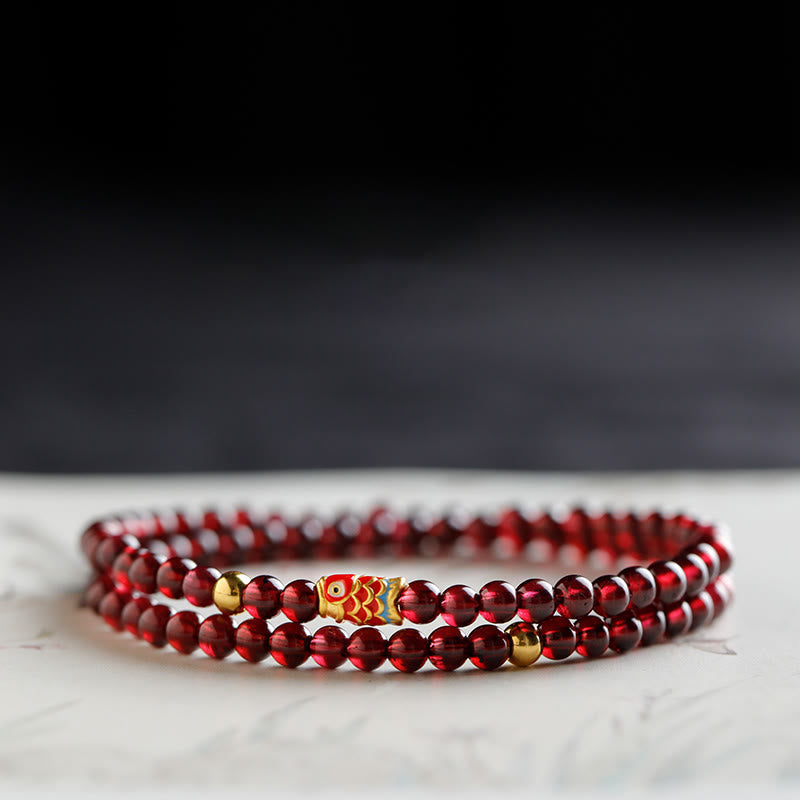 5mm Garnet Bracelet with 999 Gold Koi Fish for Protection