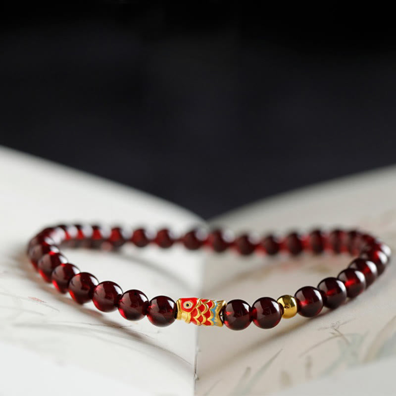 5mm Garnet Bracelet with 999 Gold Koi Fish for Protection