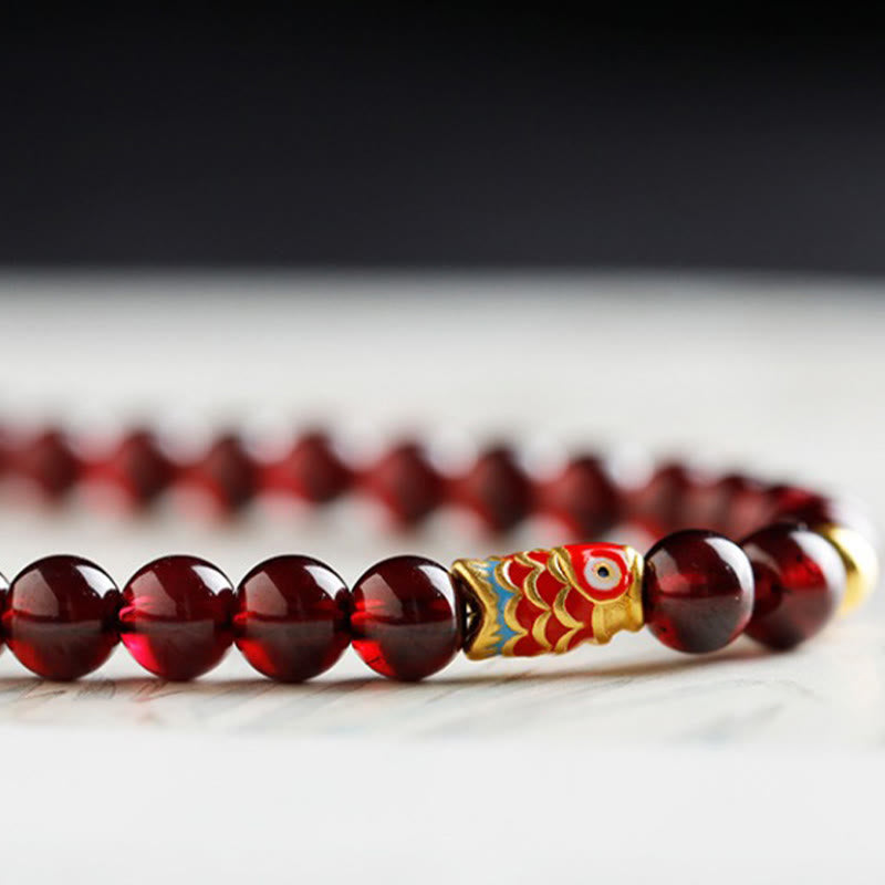 5mm Garnet Bracelet with 999 Gold Koi Fish for Protection