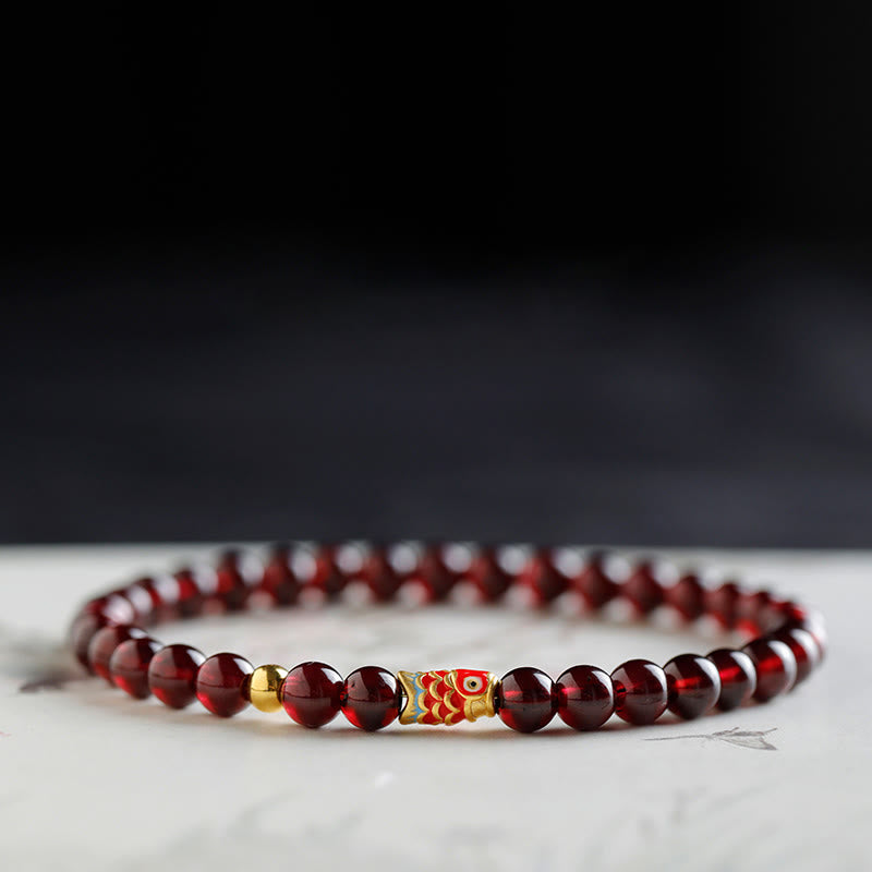 5mm Garnet Bracelet with 999 Gold Koi Fish for Protection