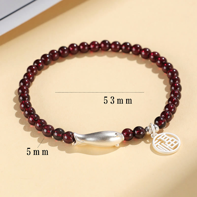 5mm Garnet Purification Bracelet with Sterling Silver Fish & Fu Charm