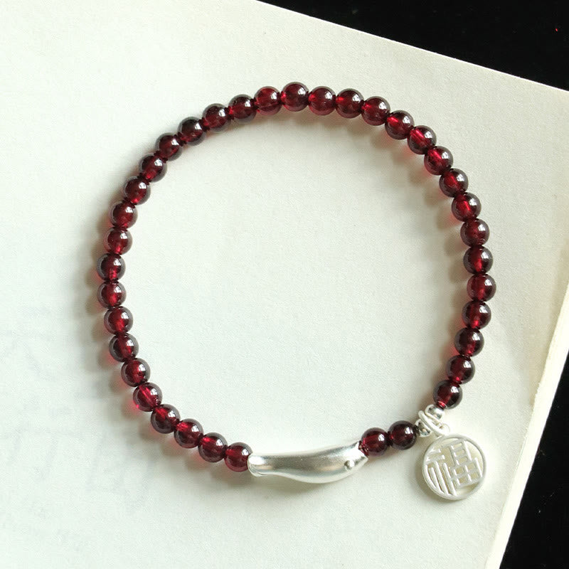 5mm Garnet Purification Bracelet with Sterling Silver Fish & Fu Charm