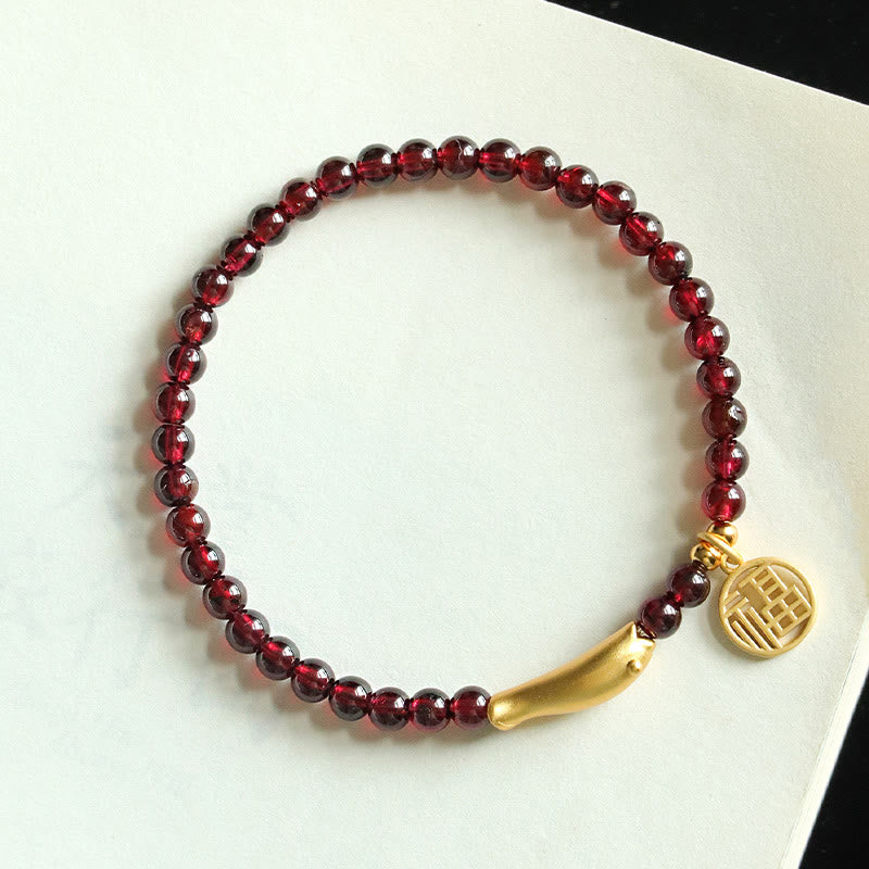 5mm Garnet Purification Bracelet with Sterling Silver Fish & Fu Charm