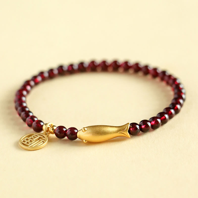 5mm Garnet Purification Bracelet with Sterling Silver Fish & Fu Charm