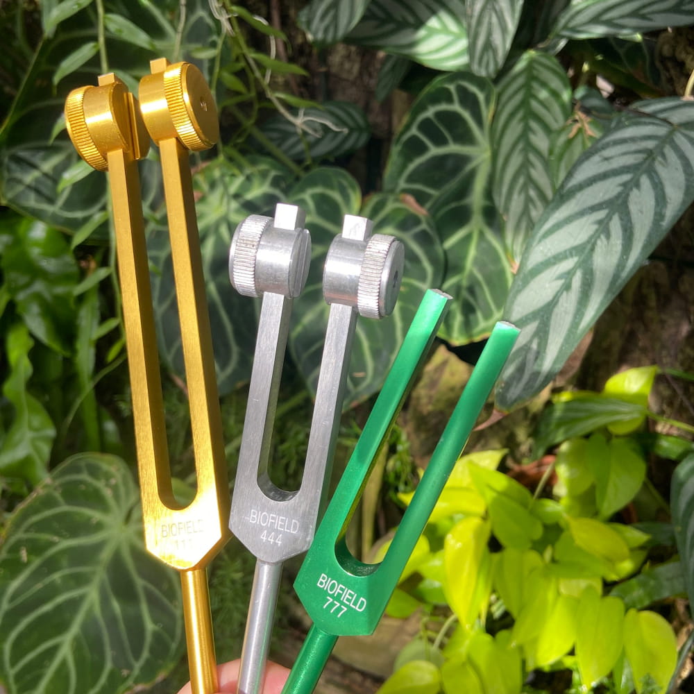 Three colorful tuning forks in gold, silver, and green for healing and manifestation