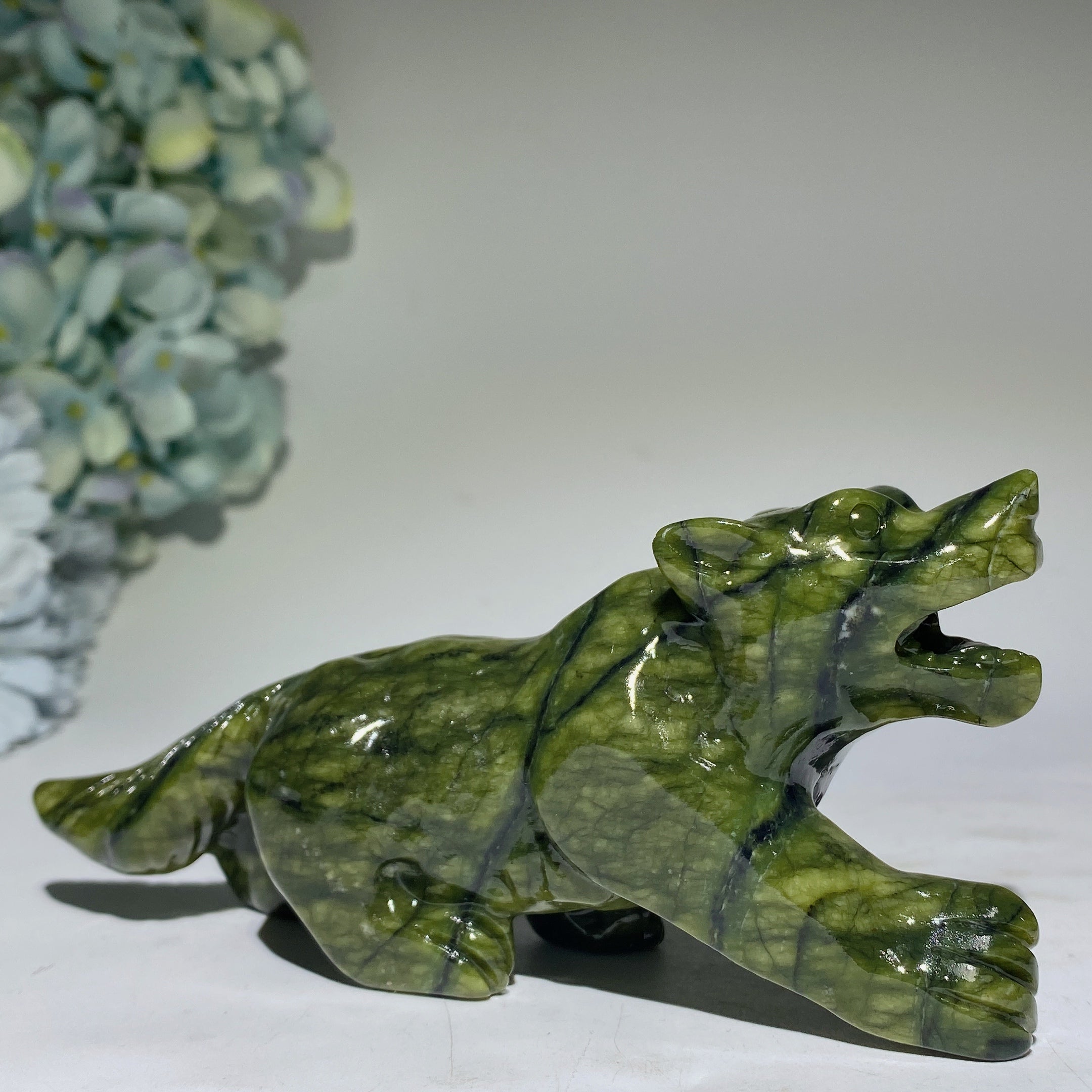 6.0" Serpentine Crystal Wolf Carving for Healing Display