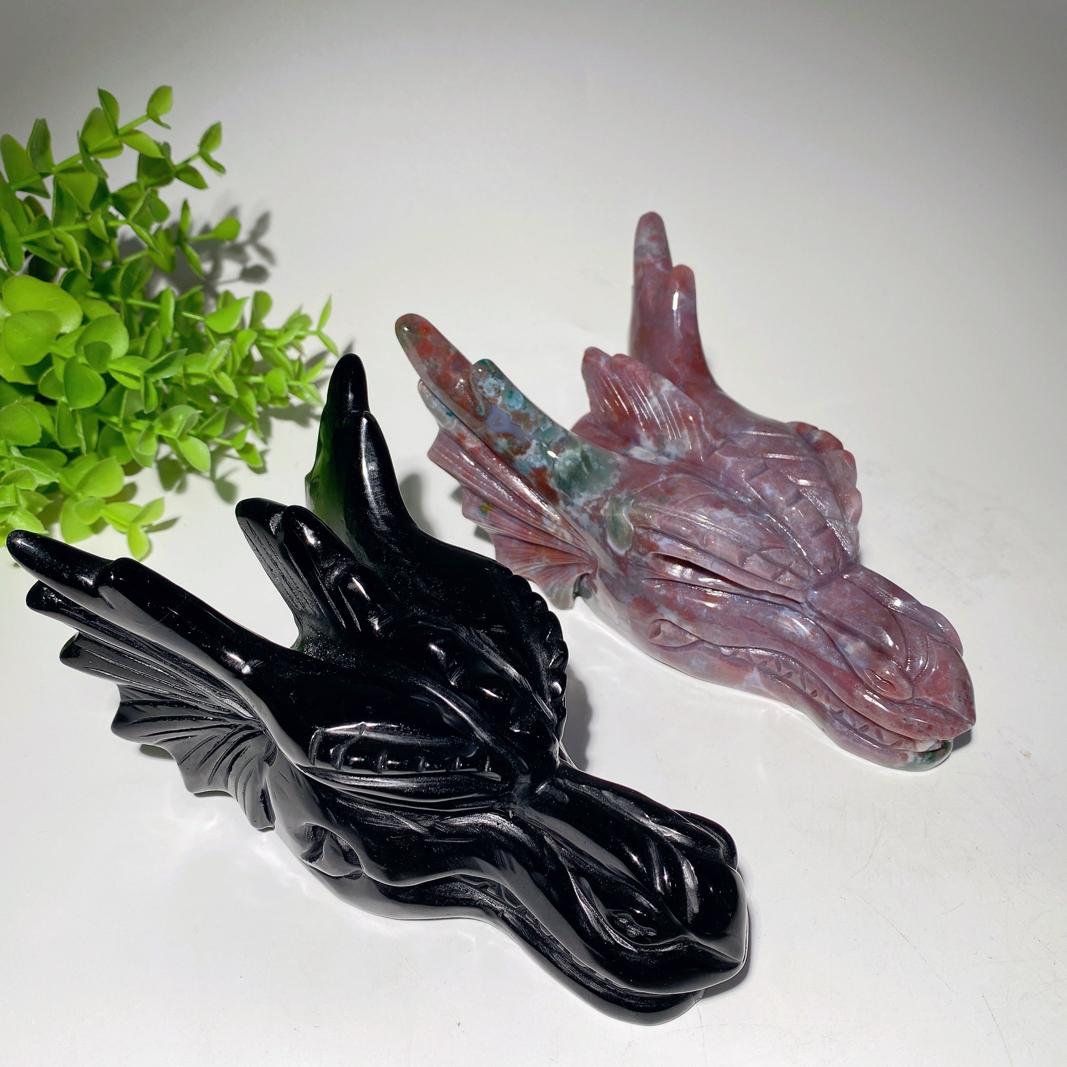 6.5-inch Black Obsidian Ocean Jasper Crystal Dragon Head Carving