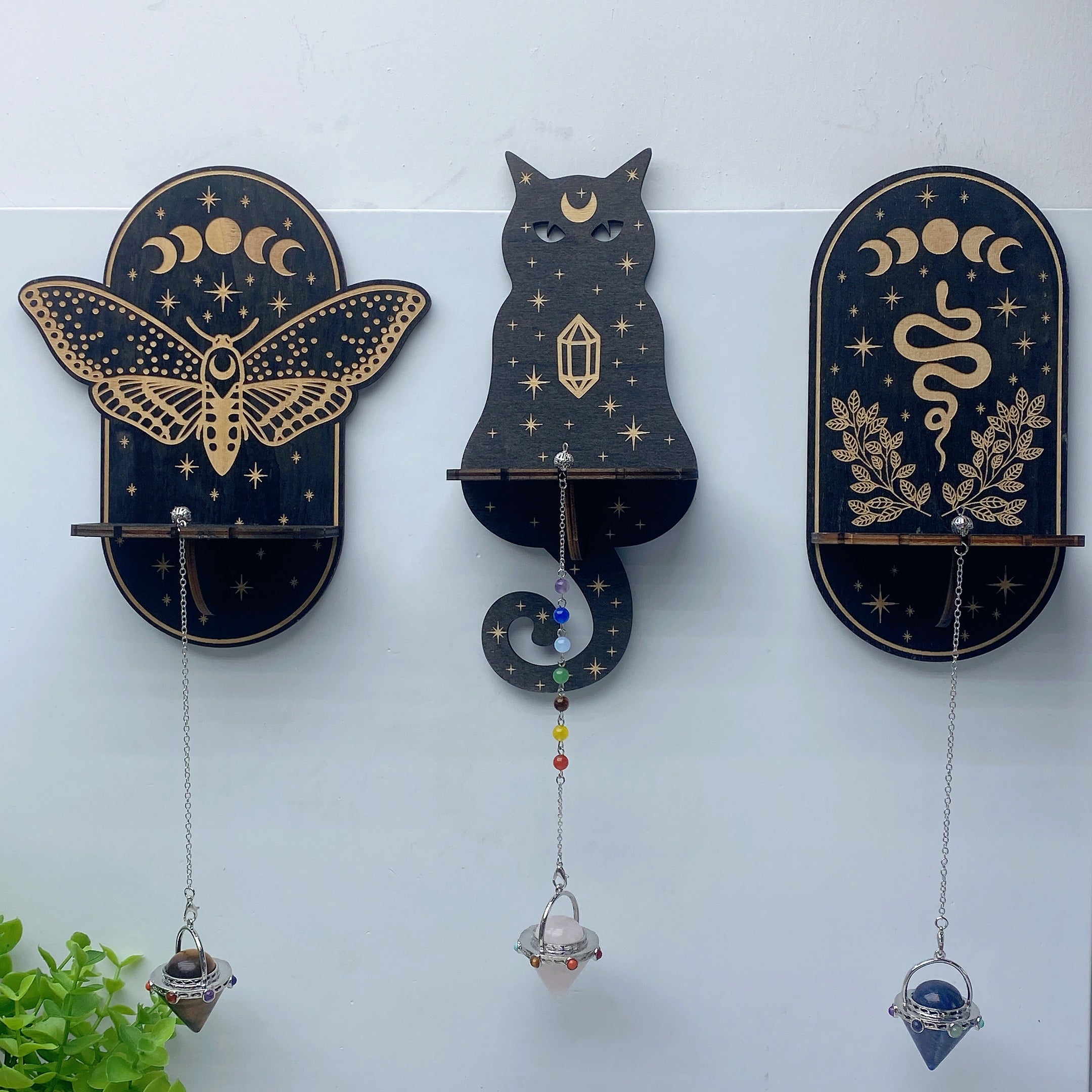6.5in Wooden Crystal Display Shelf with Pendant | Owl, Cat, Snake