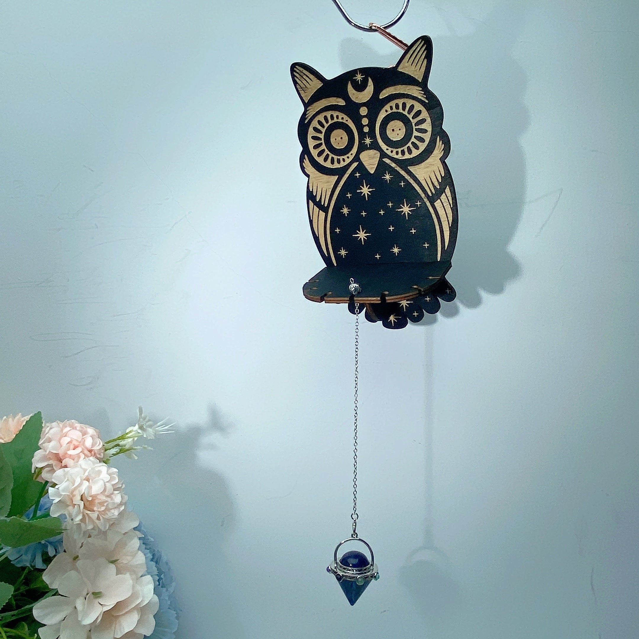 6.5in Wooden Crystal Display Shelf with Pendant | Owl, Cat, Snake