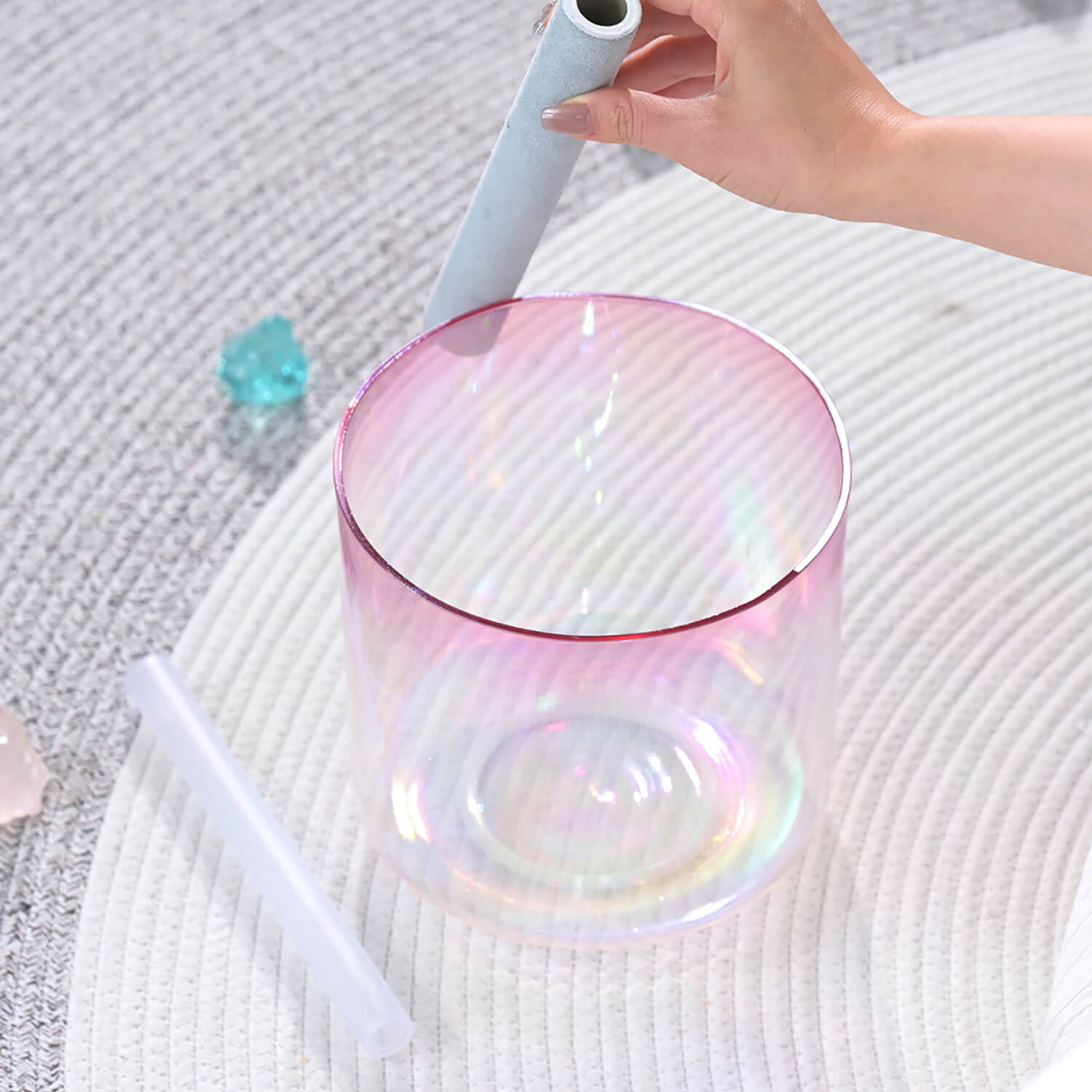 Iridescent glass cup with pink rim for 6-7 inch Pink Aura Quartz Singing Bowl