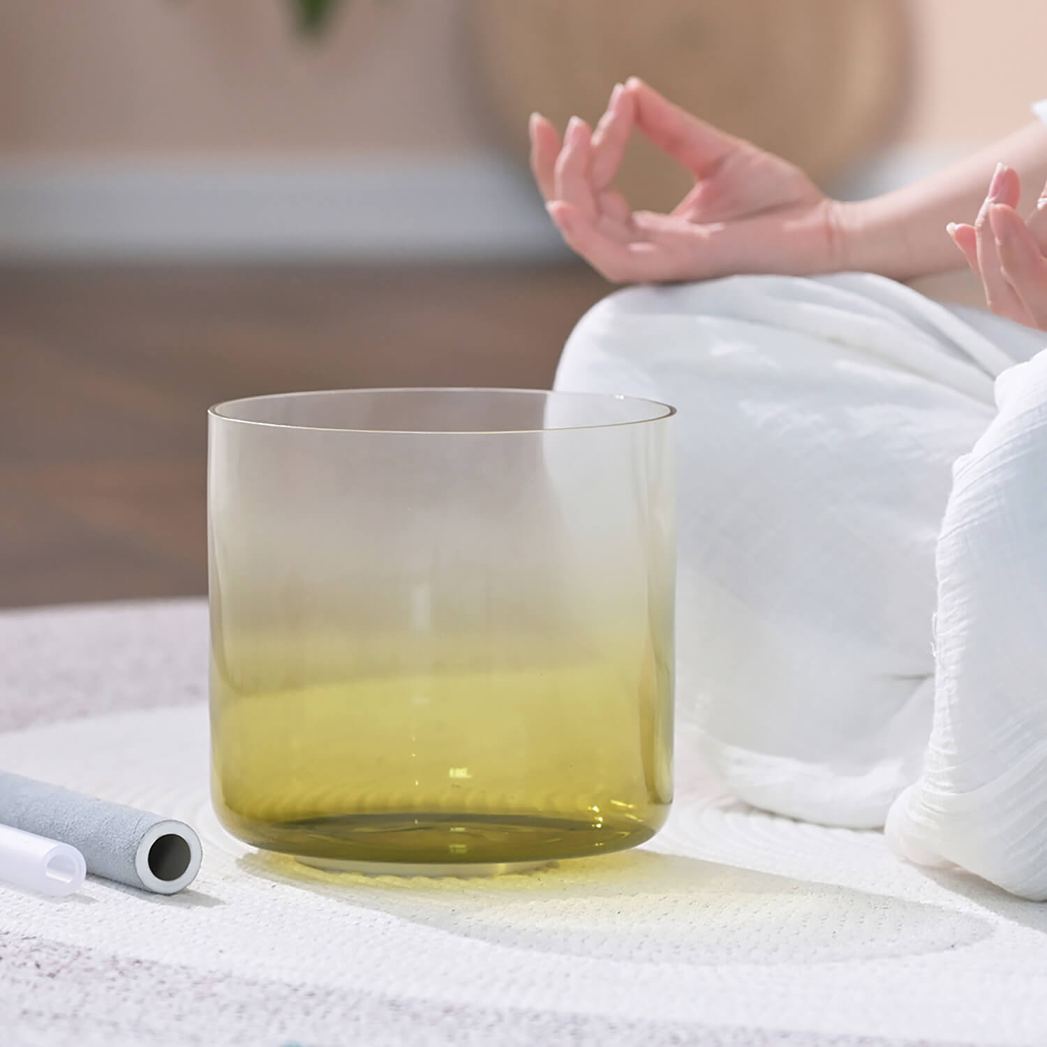 Clear glass bowl with yellow-green liquid for 6/7 inch Quartz Crystal Singing Bowl