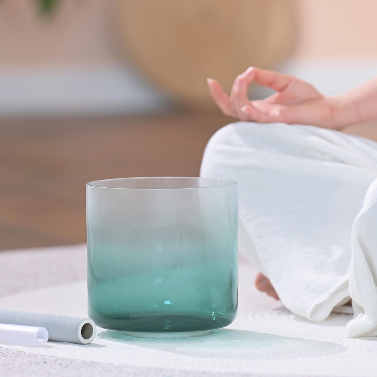 Gradient turquoise glass tumbler with frosted ombre effect for meditation and healing