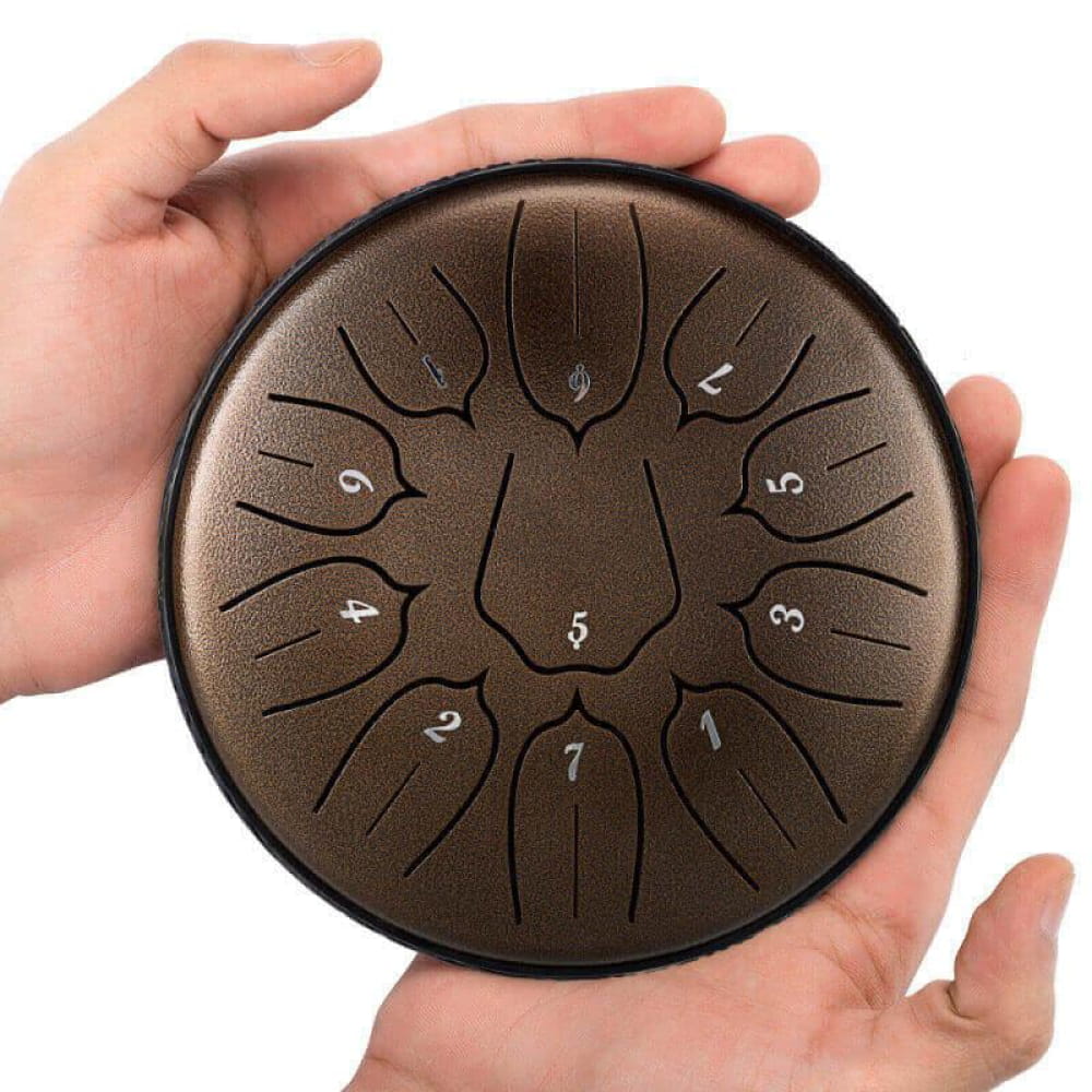 Circular Carbon Steel Tongue Drum with numbered tone zones and Lotus Design in C/D Key