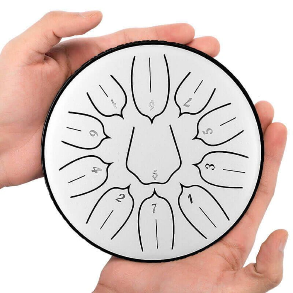 Circular Carbon Steel Tongue Drum with numbered notes in a radial pattern, Lotus Design