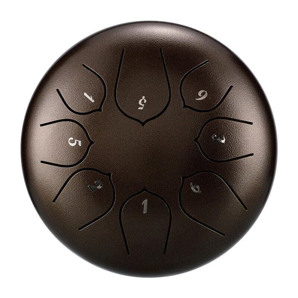 Dark brown steel tongue drum with eight tonal sections in C key for music creation