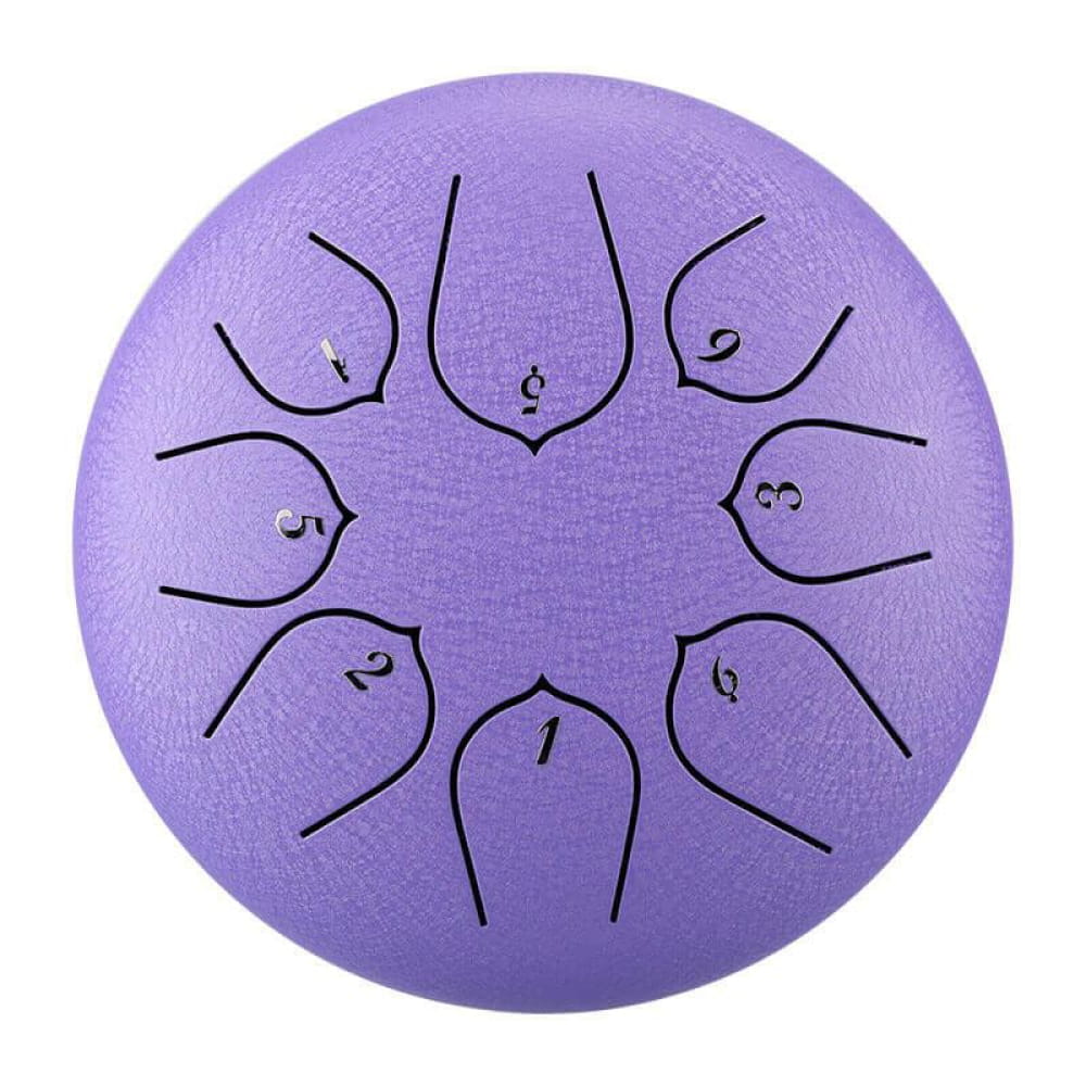 Purple Carbon Steel Tongue Drum with eight note sections in a circular pattern