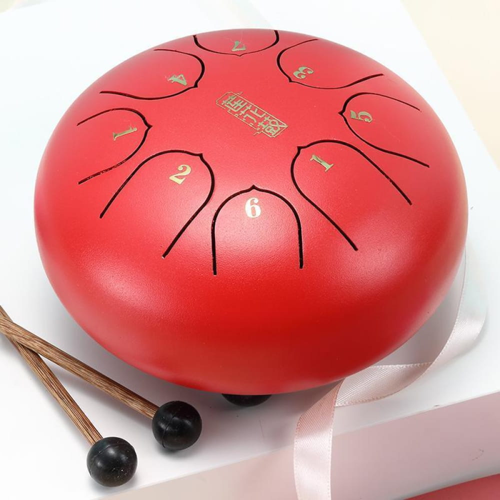 Red Steel Tongue Drum with numbered zones and mallets in 6 Carbon Steel, 8-Tone C Key