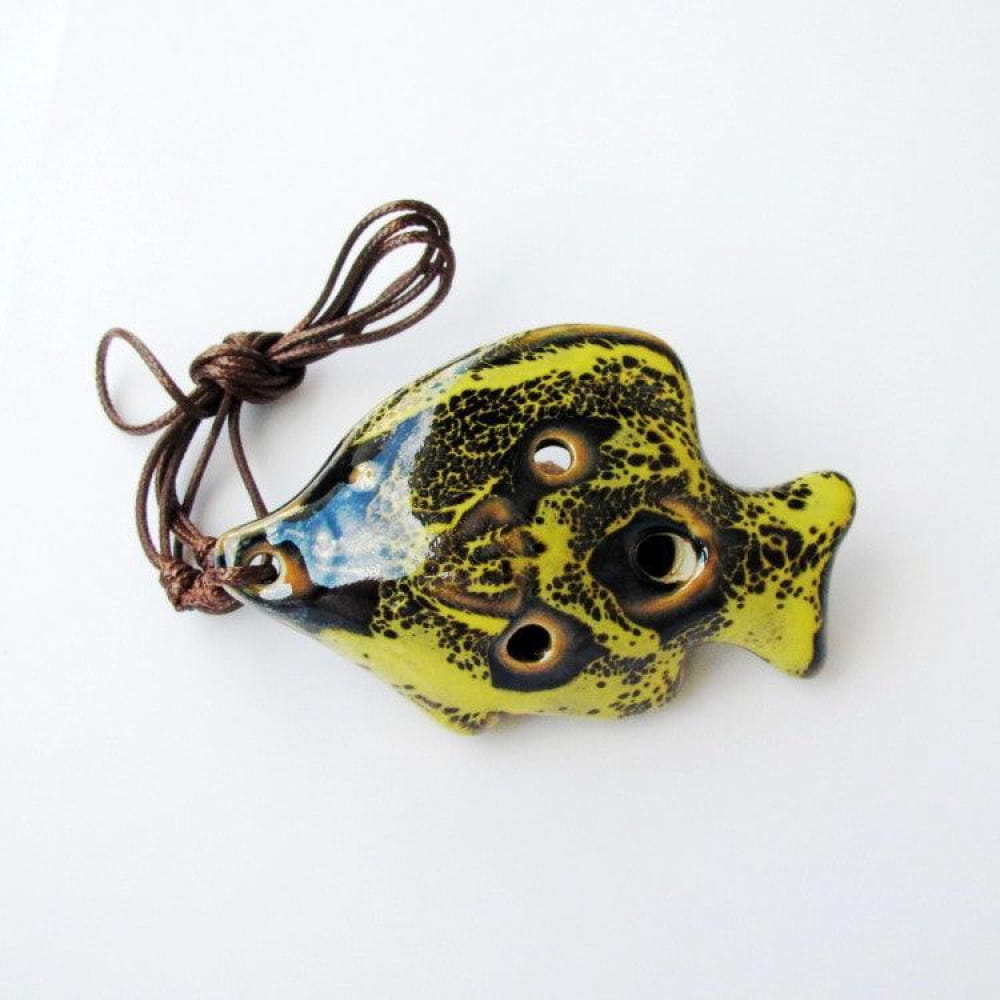 Yellow ceramic fish pendant with blue accents on brown cord, ideal for music lovers