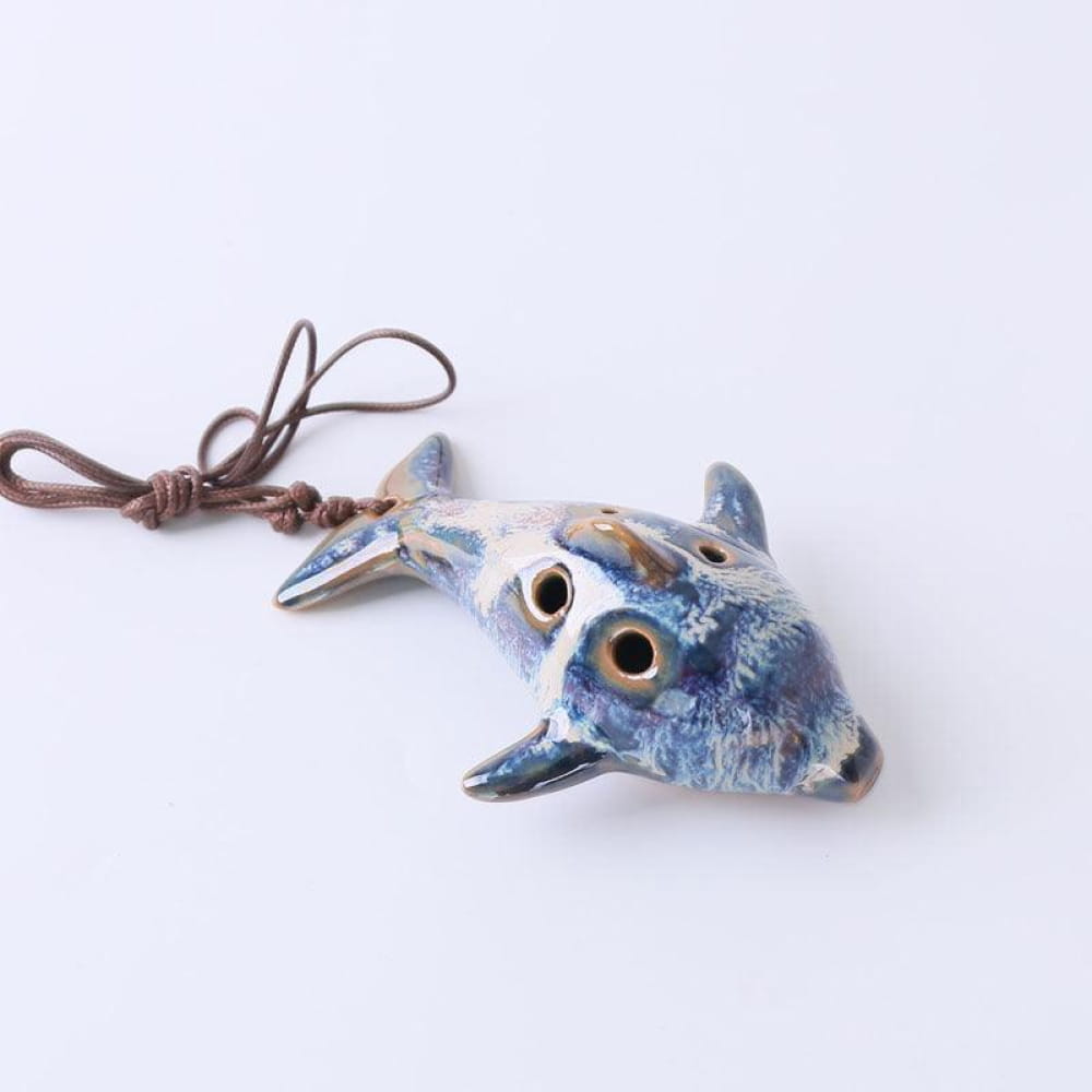 Blue ceramic fish pendant with leather cord for 6 Hole Alto C Pendant Ocarina