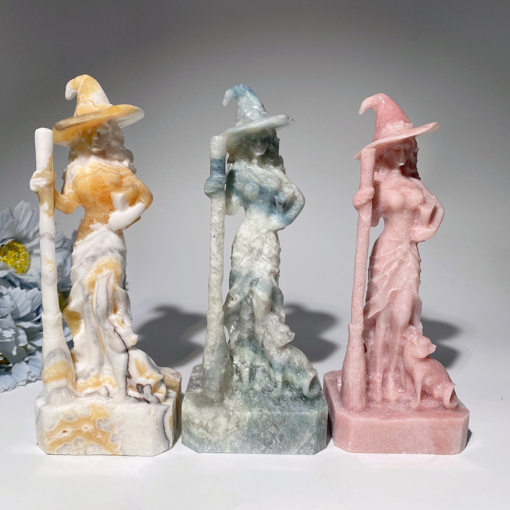 6 Inch Mixed Crystal Witch with Cat Carving Figurine