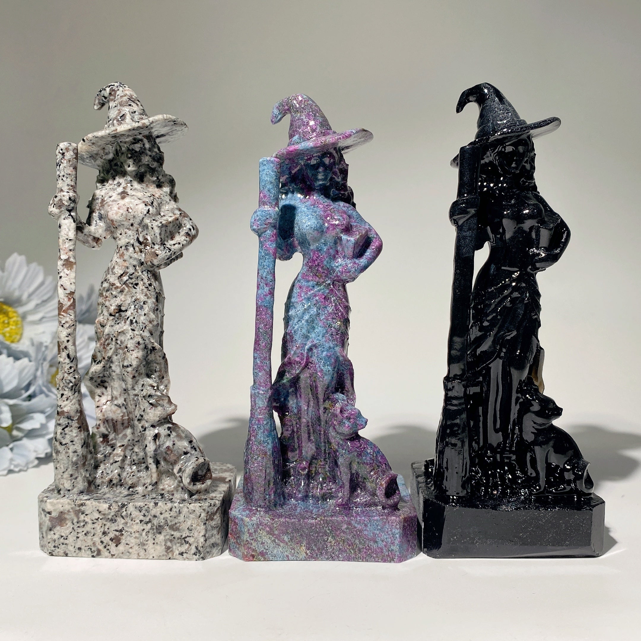 6 Inch Mixed Crystal Witch with Cat Carving Figurine
