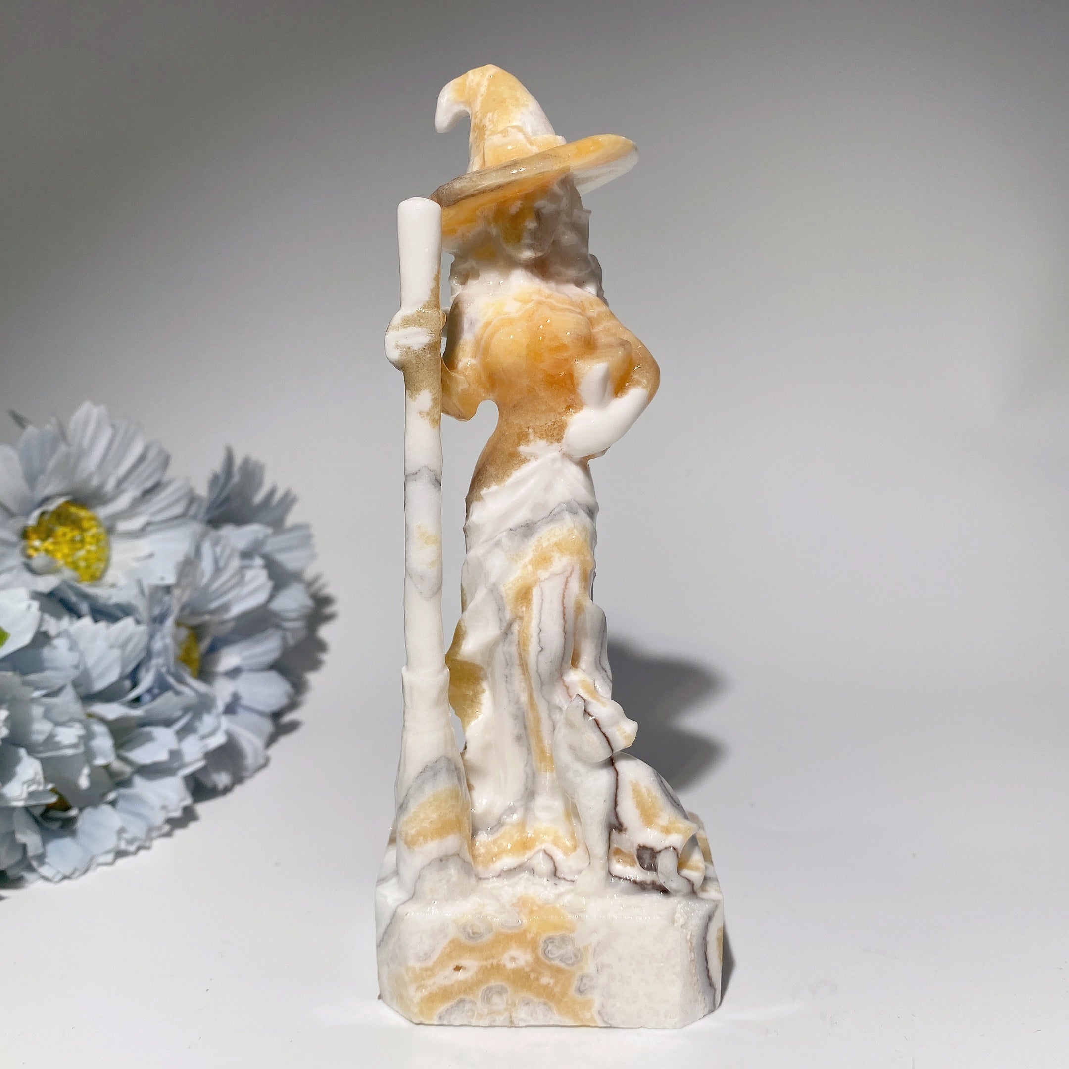 6 Inch Mixed Crystal Witch with Cat Carving Figurine