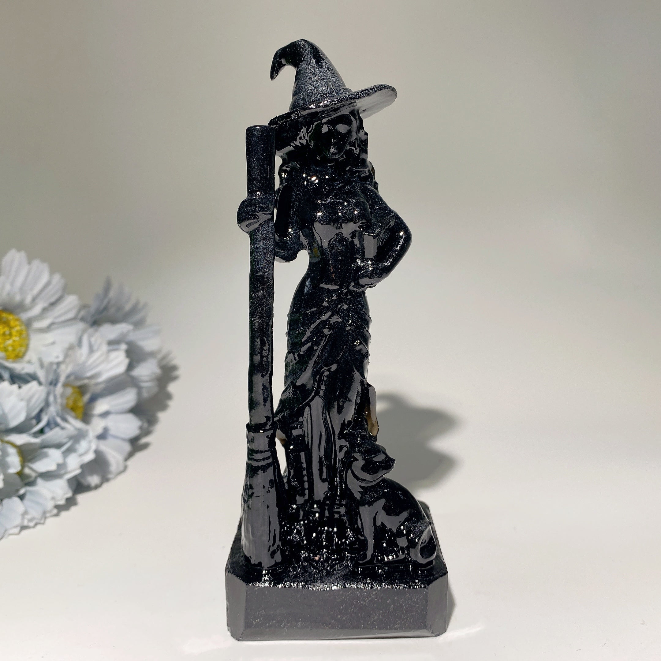 6 Inch Mixed Crystal Witch with Cat Carving Figurine