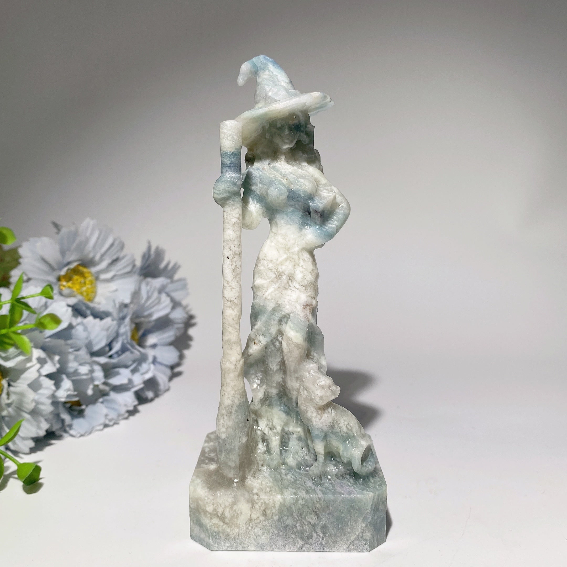 6 Inch Mixed Crystal Witch with Cat Carving Figurine