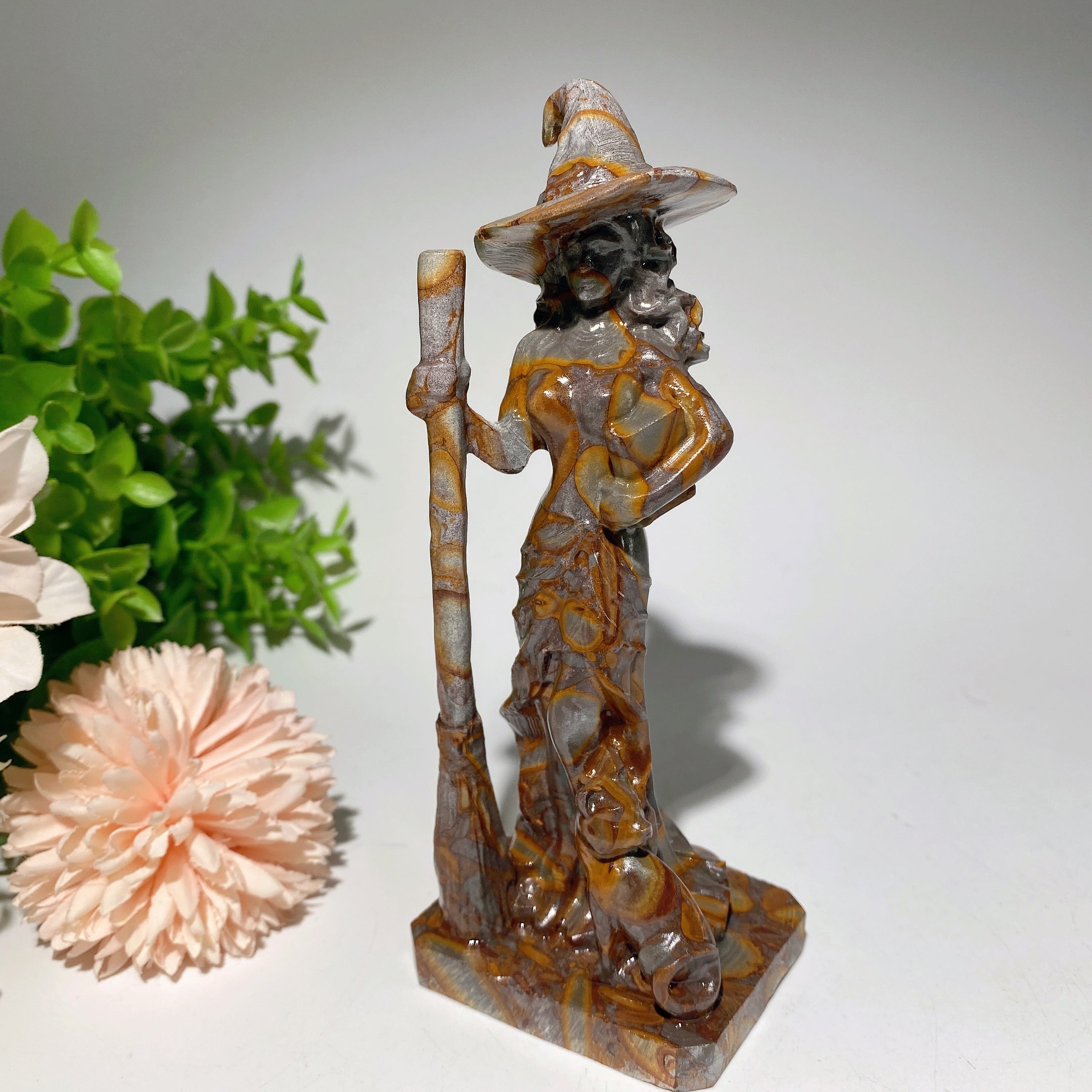 6 Inch Mixed Crystal Witch with Cat Carving Figurine