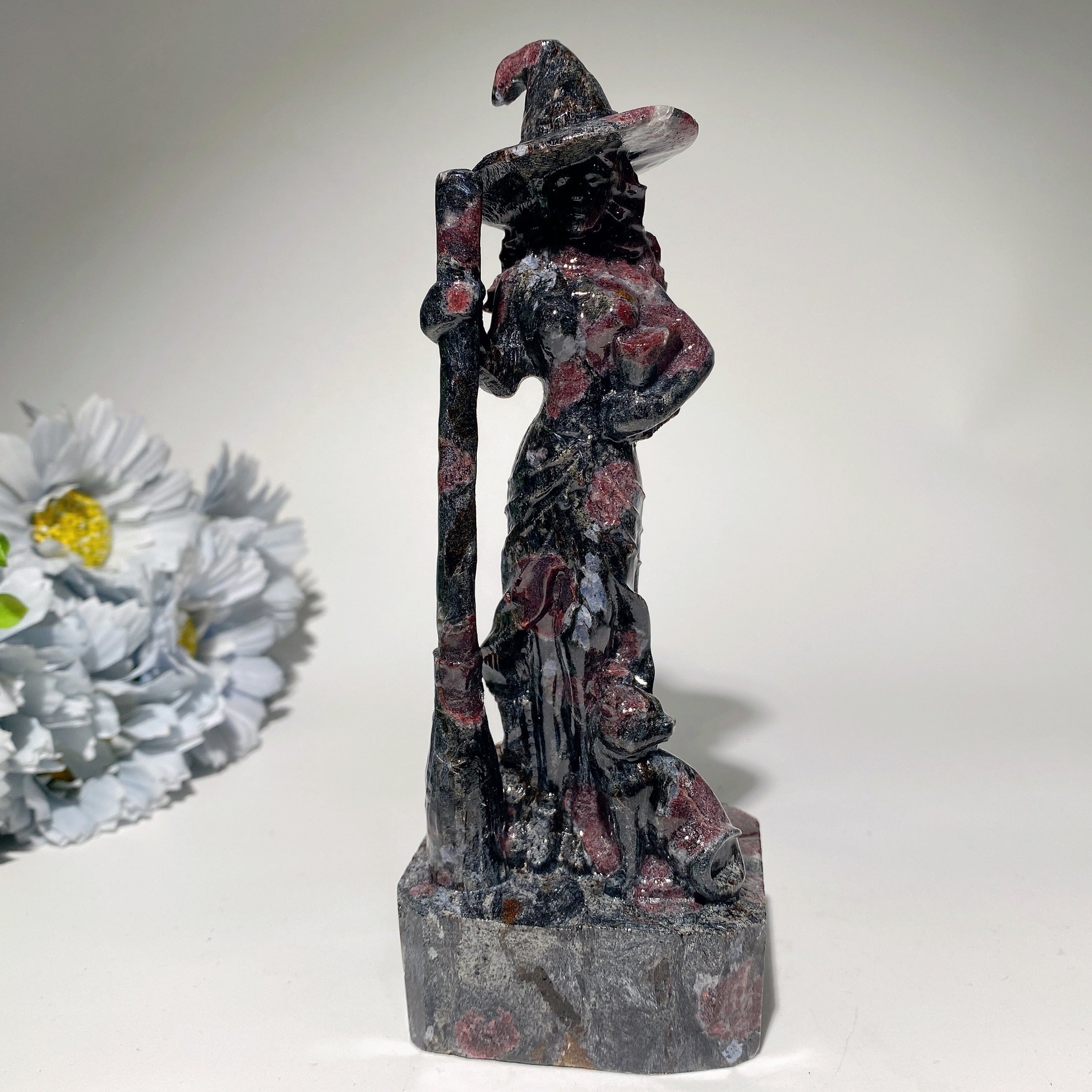 6 Inch Mixed Crystal Witch with Cat Carving Figurine