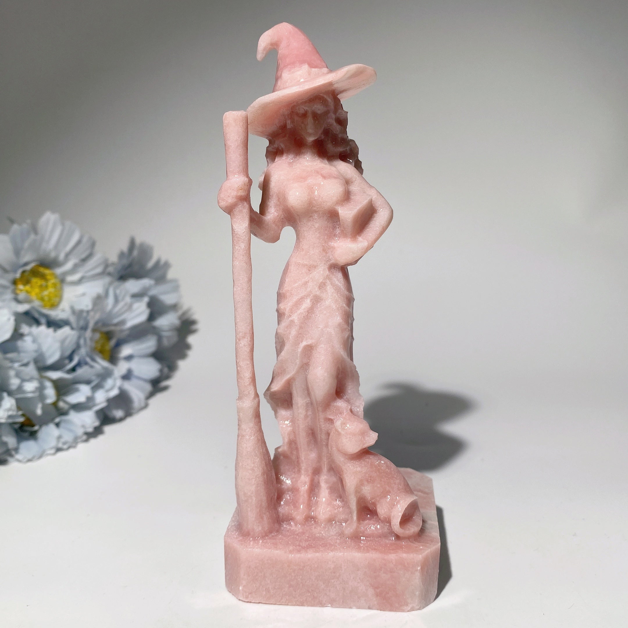 6 Inch Mixed Crystal Witch with Cat Carving Figurine