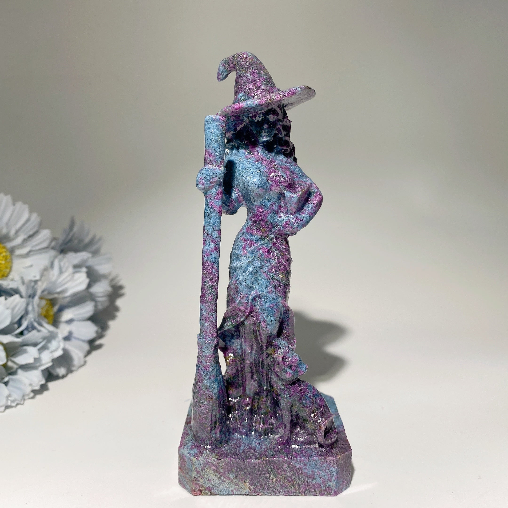 6 Inch Mixed Crystal Witch with Cat Carving Figurine