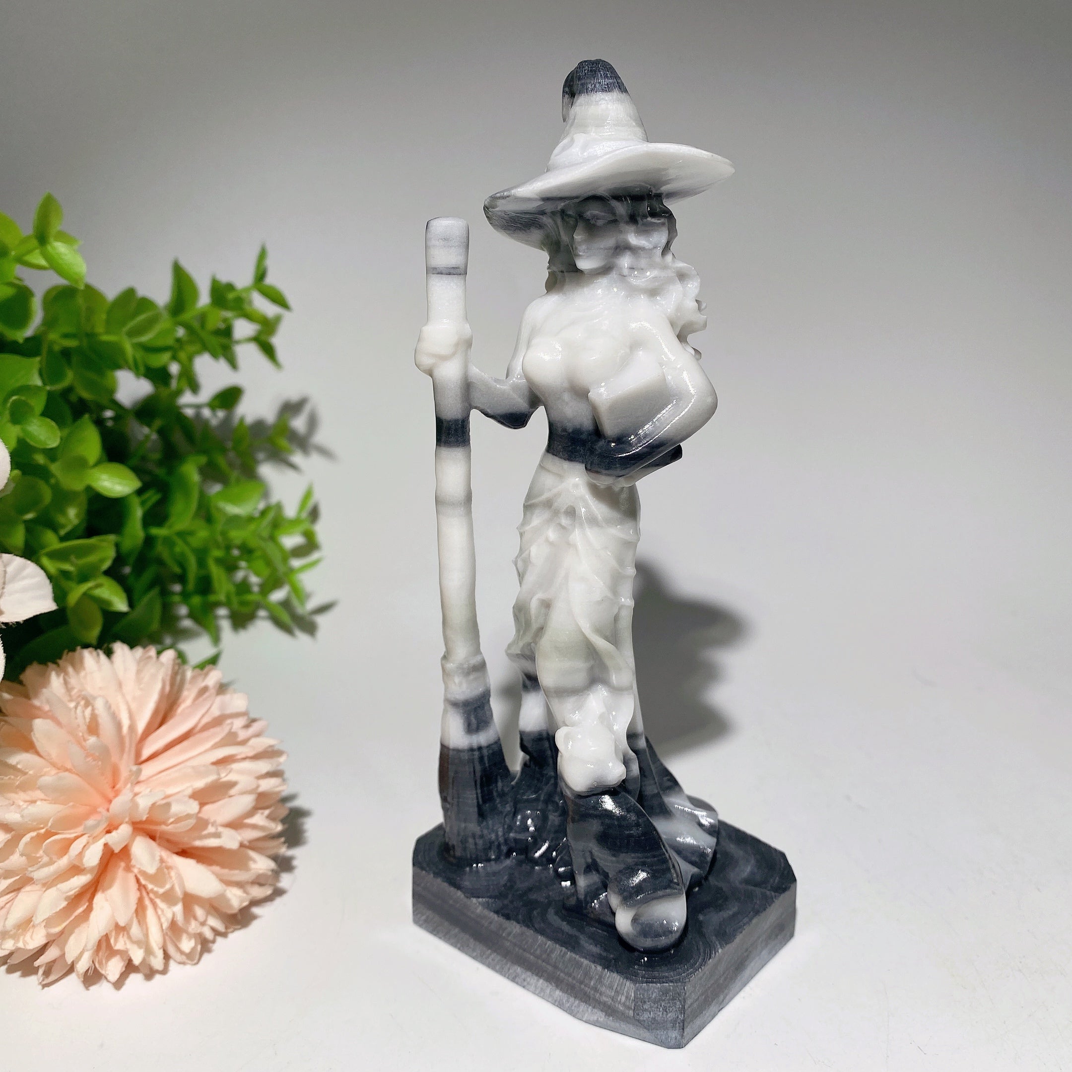 6 Inch Mixed Crystal Witch with Cat Carving Figurine