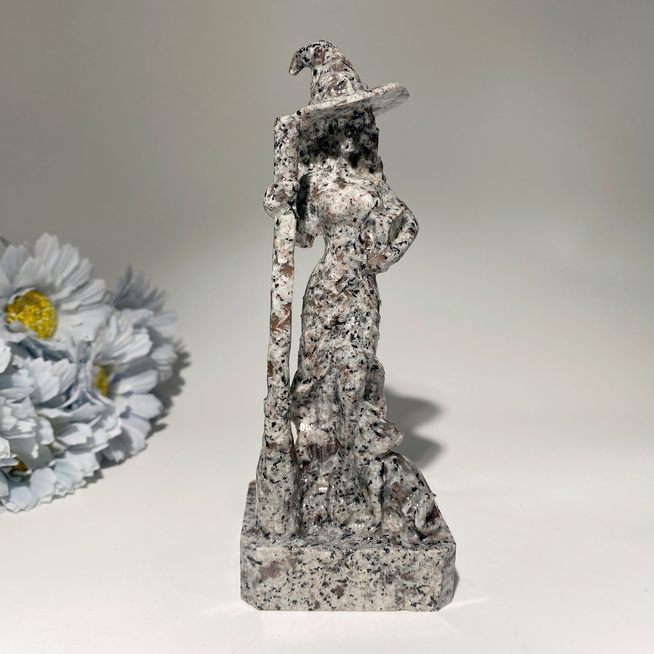 6 Inch Mixed Crystal Witch with Cat Carving Figurine