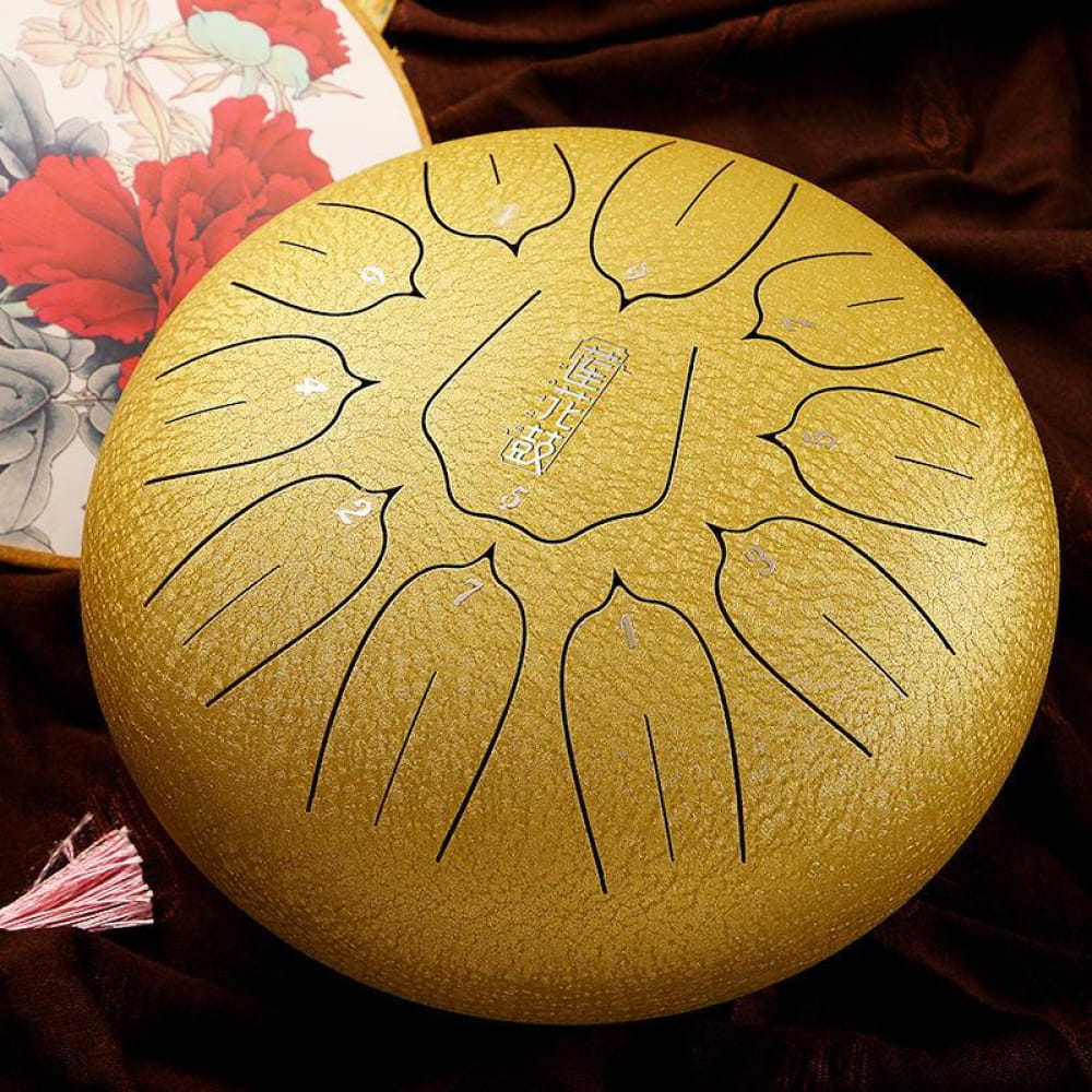 Golden Steel Tongue Drum with petal-shaped tones, perfect for beginners and kids