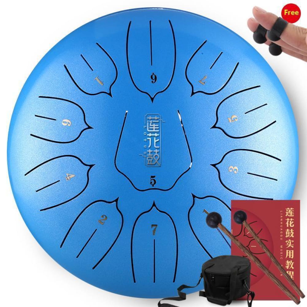 Blue steel tongue drum with numbered sections for beginners and kids, 8 notes