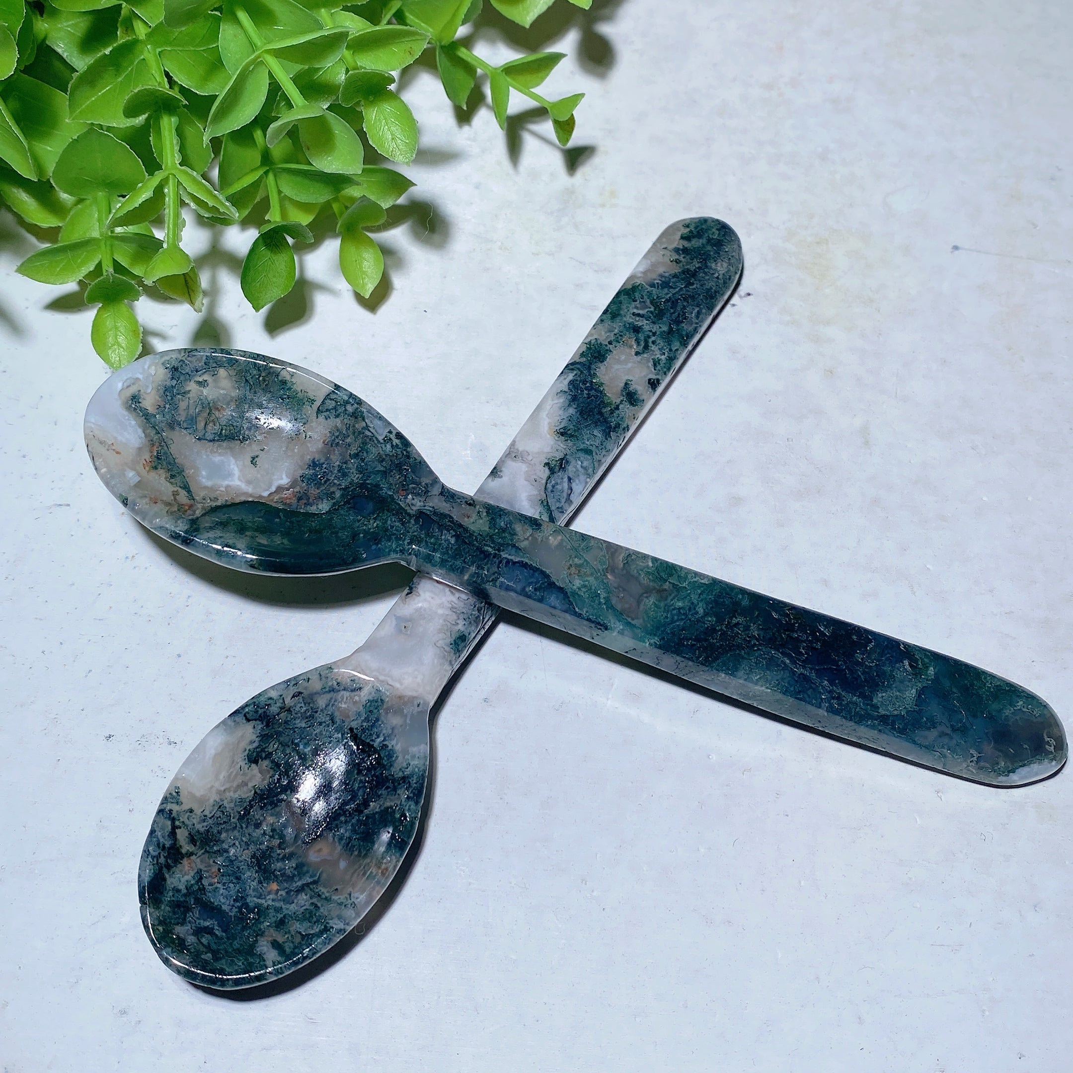 6" Moss Agate Carved Crystal Spoon for Healing