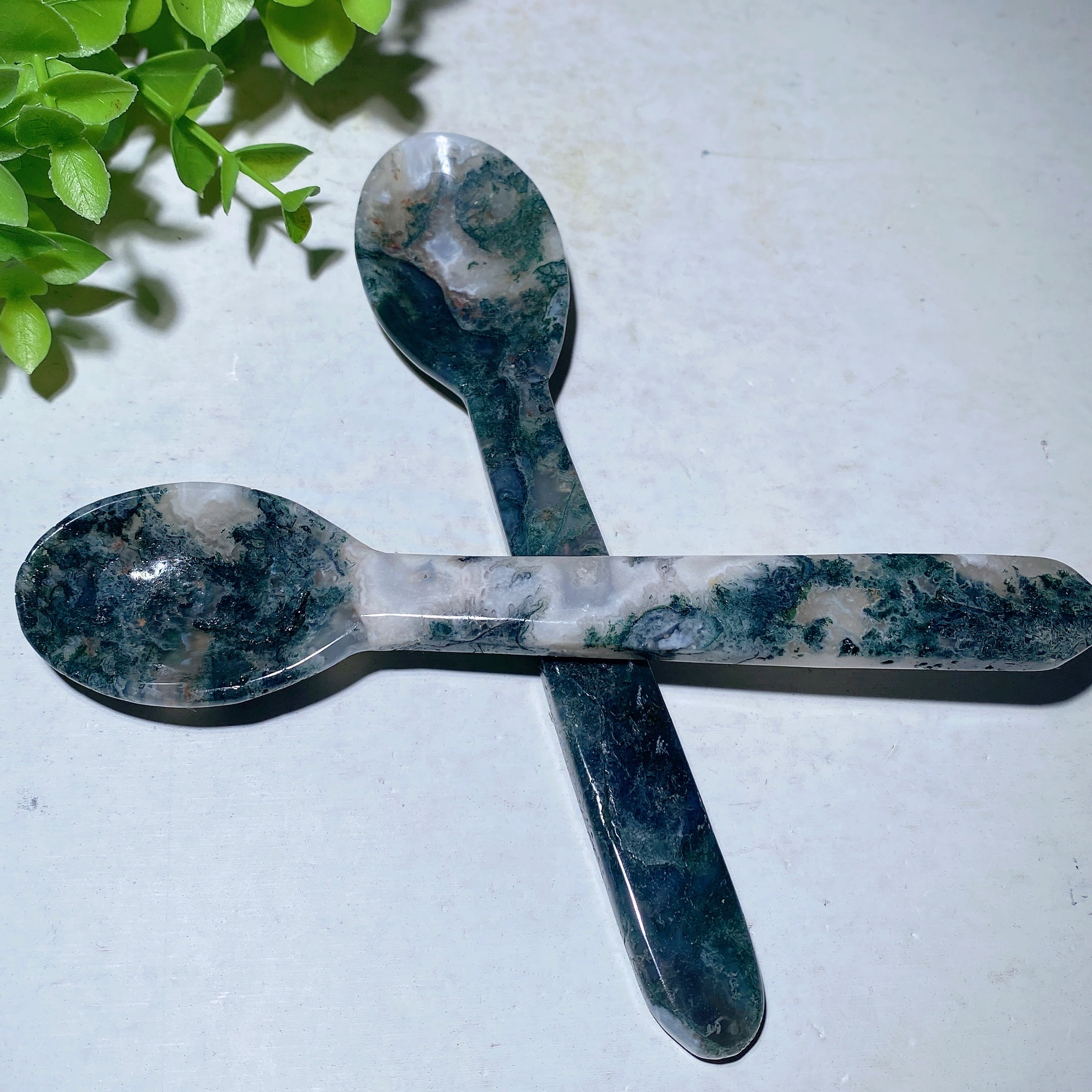 6" Moss Agate Carved Crystal Spoon for Healing
