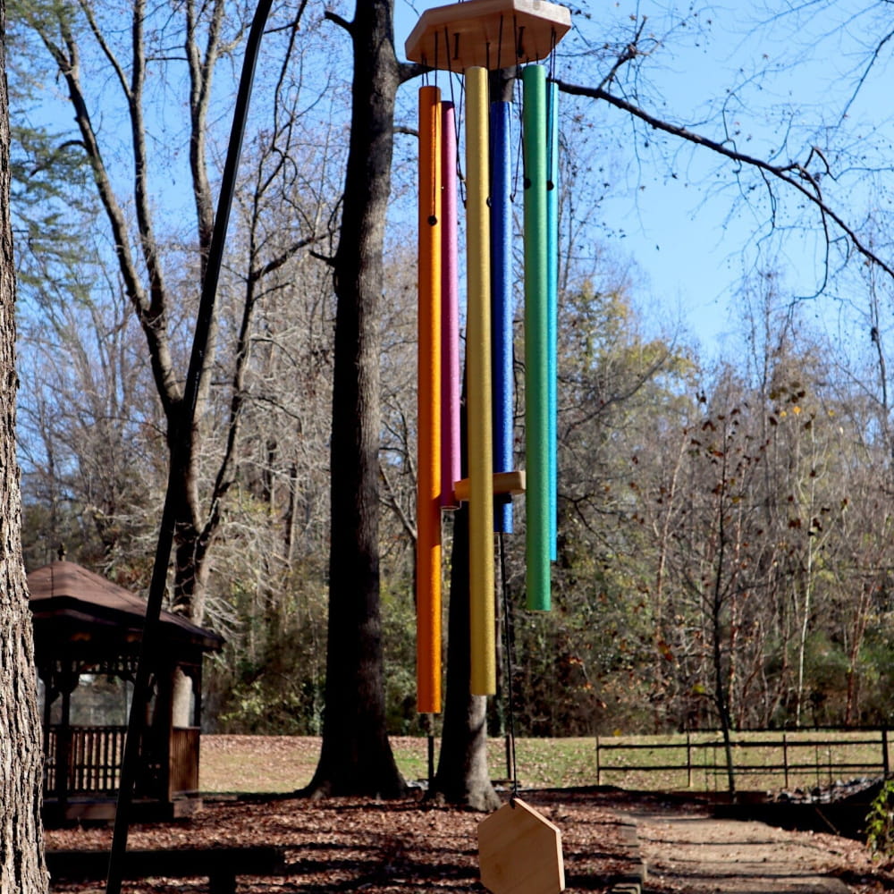 Colorful 6-Tone Solfeggio Wind Chime Set with metal tubes and wooden top piece